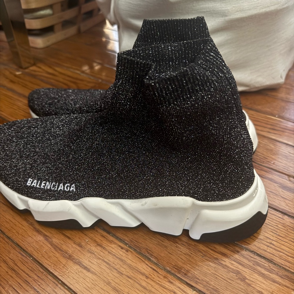 Balenciaga Black/Silver Lurex Fabric Speed Trainer Sneakers View 2